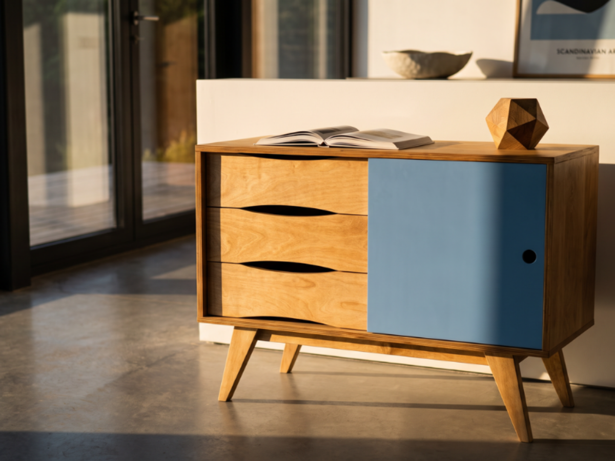 Platzsparendes Sideboard SoSixties im schmalen Flur einer kleinen Wohnung.