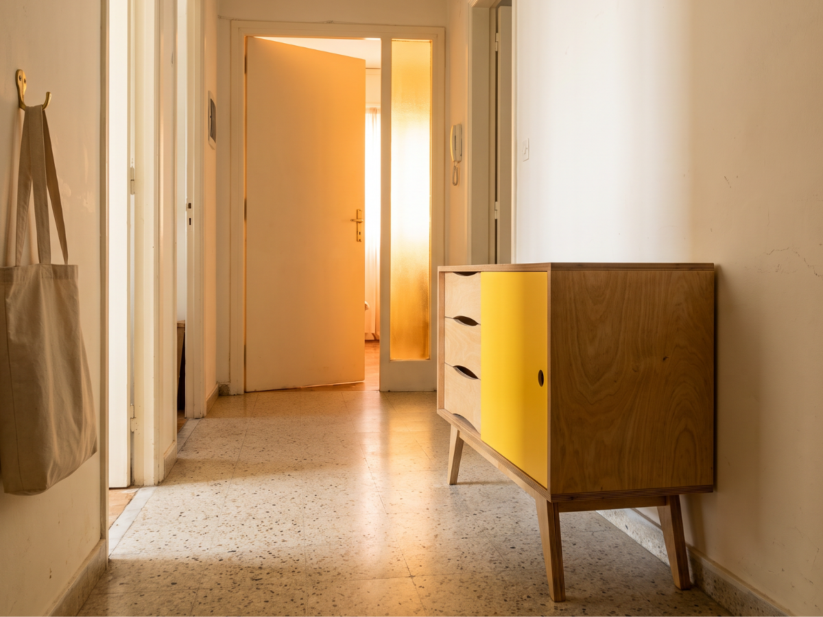Platzsparendes Sideboard SoSixties im schmalen Flur einer kleinen Wohnung.